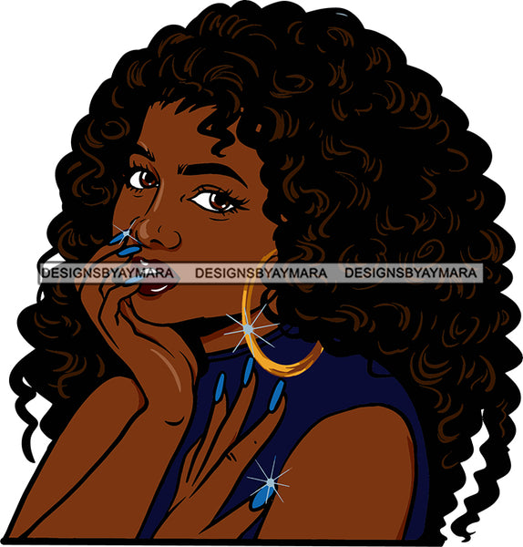 Afro Black Woman Young Girl Fashion Hoop Earrings Seductive Elegant Curly Long Hair Style Nails SVG Cutting Files For Silhouette Cricut