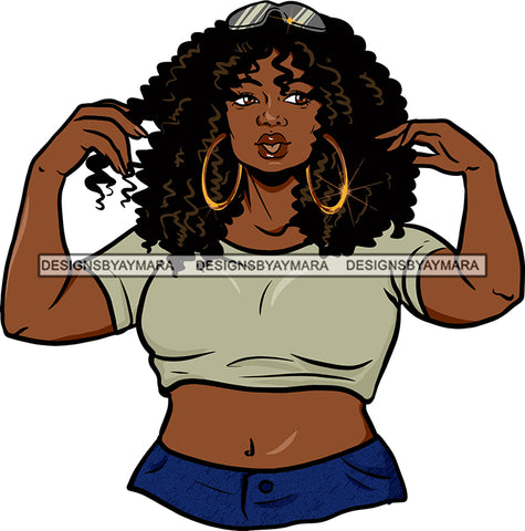 Afro Black Woman Sexy Casual Waist Hoop Earrings Curly Shoulder Length Hair Style  SVG Cutting Files For Silhouette Cricut