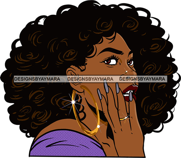 Afro Sexy Black Woman Hoop Earrings Young Glamour Afro Hair Style Sensual Lips Nails Portrait SVG Cutting Files For Silhouette Cricut