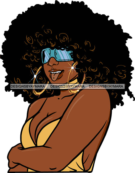 Afro Urban Street Ghetto Girls Babe Hoop Earrings Young Glamour Sexy Black Woman Sunglasses Seductive  Cleavage  Afro Hair Style Sensual Lips Tongue  SVG Cutting Files For Silhouette Cricut