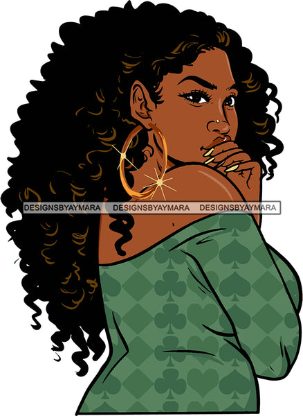 Afro Urban Street Hoop Earrings Sexy Pose Curly Long Hair Style Portrait  SVG Cutting Files For Silhouette Cricut