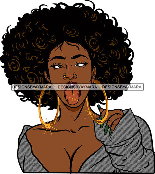 Afro Urban Street Ghetto Girls Babe Hoop Earrings Young Black Woman Afro Hair Style Funny Expression Cleavage Provocative Tongue SVG Cutting Files For Silhouette Cricut