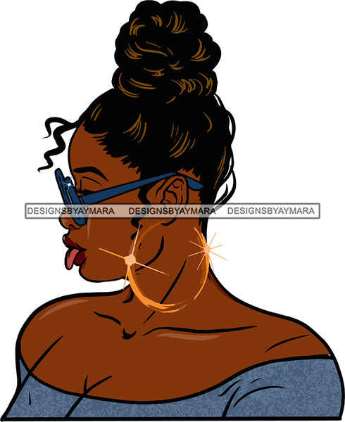 Afro Urban Street  Ghetto Girls Babe Hoop Earrings Sexy Lips Tongue Sunglasses Bun Up Do Hair Style Portrait Cleavage SVG Cutting Files For Silhouette Cricut