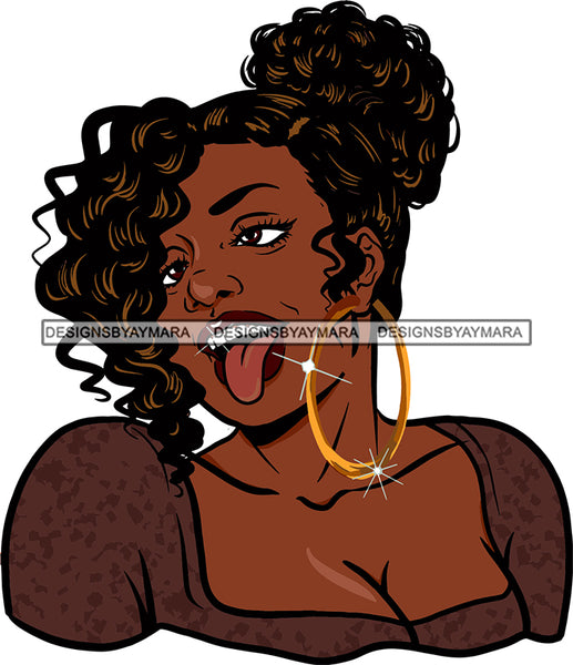 Afro Urban Street Ghetto Girls Babe Hoop Earrings Young Black Woman Double Bun Hair Style Cleavage Provocative Tongue SVG Cutting Files For Silhouette Cricut