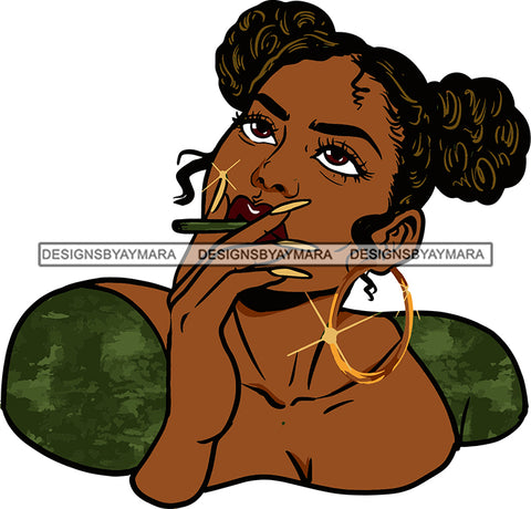 Afro Black Woman Young Lady Smoking Weed Smoker Cannabis  Hoop Earrings Buns Hair Style Nails .SVG Cutting Files For Silhouette Cricut