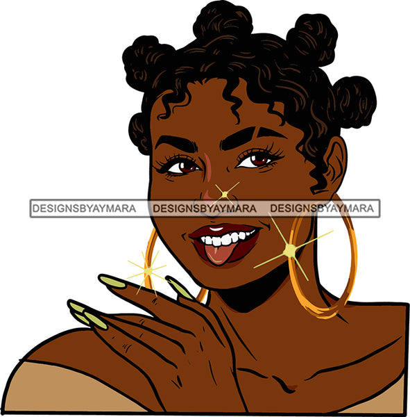 Afro Urban Street Ghetto Girls Babe Hoop Earrings Smiling  Bantu Knots Hair Style Happy Expression Tongue Nose Piercing SVG Cutting Files For Silhouette Cricut