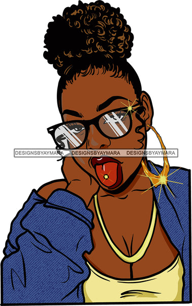 Afro Urban Street Ghetto Girls Babe Hoop Earrings High Bun Hair Style Tongue Piercings Glasses SVG Cutting Files For Silhouette Cricut