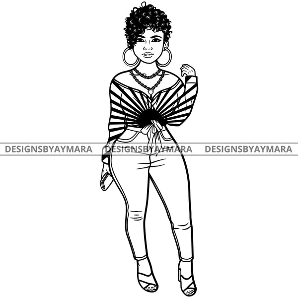 Afro Lola Attractive Urban Girl Boss Lady Queen Melanin Hoop Earrings Classy Short Hair Style  B/W SVG Cutting Files For Silhouette Cricut More
