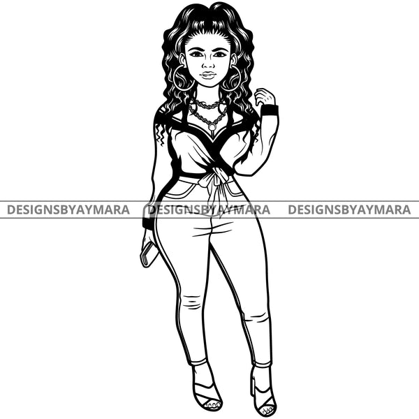 Afro Lola Attractive Urban Girl Boss Lady Queen Melanin Hoop Earrings Classy Wavy Hair Style  B/W SVG Cutting Files For Silhouette Cricut More