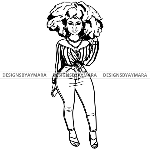 Afro Lola Attractive Urban Girl Boss Lady Queen Melanin Hoop Earrings Classy Afro Hair Style  B/W SVG Cutting Files For Silhouette Cricut More