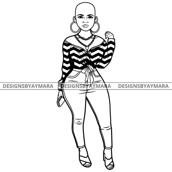 Afro Lola Attractive Urban Girl Boss Lady Queen Melanin Hoop Earrings Classy Bald Hair Style  B/W SVG Cutting Files For Silhouette Cricut More
