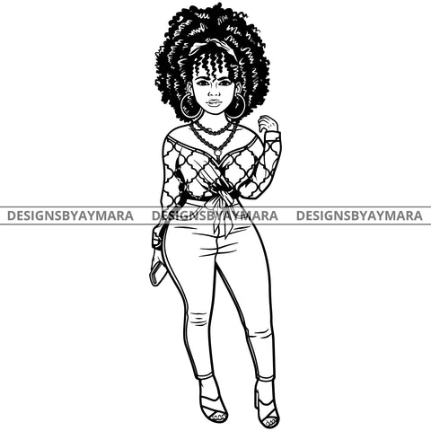 Afro Lola Attractive Urban Girl Boss Lady Queen Melanin Hoop Earrings Classy Curly Hair Style  B/W SVG Cutting Files For Silhouette Cricut More