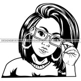Black Goddess Lola Glamour Glasses Bamboo Hoop Earrings Sexy Attractive Portrait Fashion Woman Short Hair Style B/W SVG Cutting Files For Silhouette  Cricut
