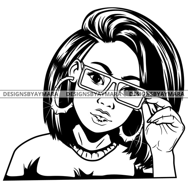 Black Goddess Lola Glamour Glasses Bamboo Hoop Earrings Sexy Attractive Portrait Fashion Woman Short Hair Style B/W SVG Cutting Files For Silhouette  Cricut