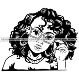 Black Goddess Lola Glamour Glasses Bamboo Hoop Earrings Sexy Attractive Portrait Fashion Woman Short Curly Hair Style B/W SVG Cutting Files For Silhouette  Cricut