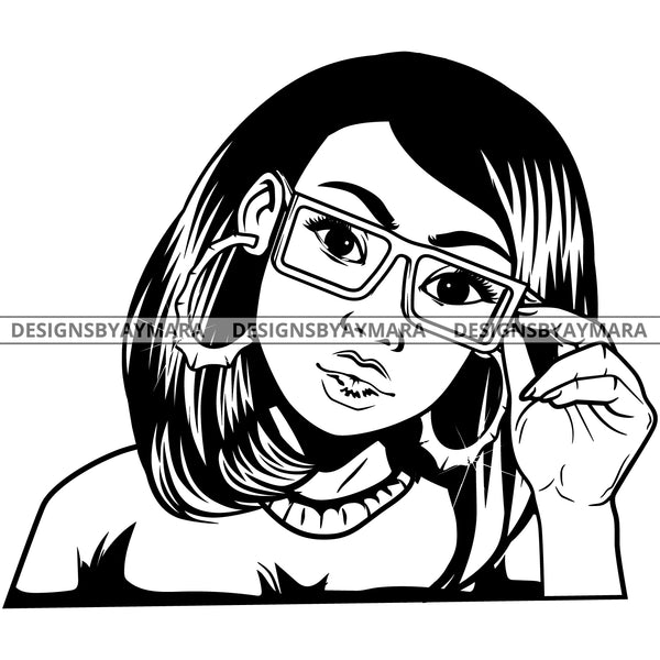 Black Goddess Lola Glamour Glasses Bamboo Hoop Earrings Sexy Attractive Portrait Fashion Woman Straight Short Hair Style B/W SVG Cutting Files For Silhouette  Cricut