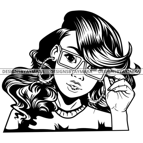 Black Goddess Lola Glamour Glasses Bamboo Hoop Earrings Sexy Attractive Portrait Fashion Woman Wavy Hair Style B/W SVG Cutting Files For Silhouette  Cricut