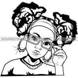 Black Goddess Lola Glamour Glasses Bamboo Hoop Earrings Sexy Attractive Portrait Fashion Bandana Woman Pigtails Hair Style B/W SVG Cutting Files For Silhouette  Cricut