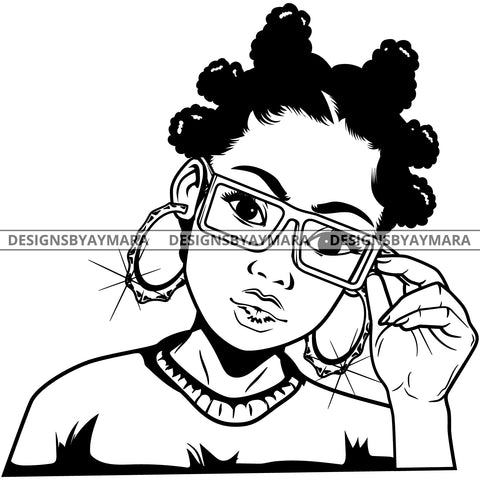 Black Goddess Lola Glamour Glasses Bamboo Hoop Earrings Sexy Attractive Portrait Fashion Woman Banku Knots Hair Style B/W SVG Cutting Files For Silhouette  Cricut