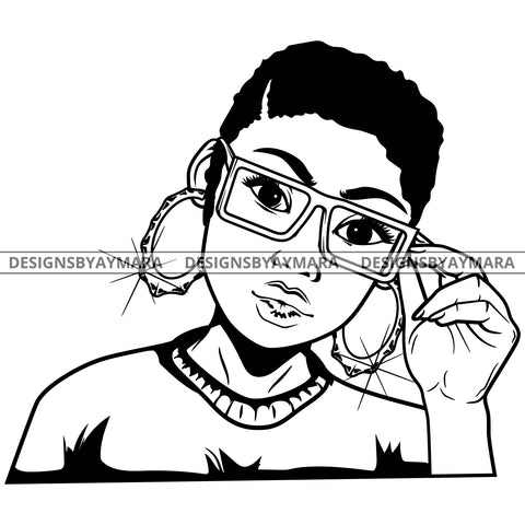 Black Goddess Lola Glamour Glasses Bamboo Hoop Earrings Sexy Attractive Portrait Fashion Woman Short Hair Style B/W SVG Cutting Files For Silhouette  Cricut