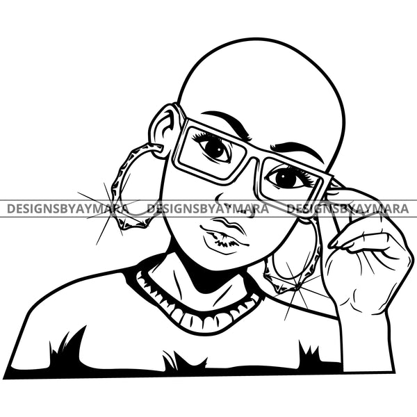 Black Goddess Lola Glamour Glasses Bamboo Hoop Earrings Sexy Attractive Portrait Fashion Woman Bald Hair Style B/W SVG Cutting Files For Silhouette  Cricut