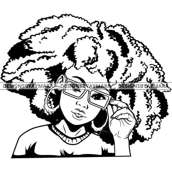 Black Goddess Lola Glamour Glasses Hoop Earrings Sexy Attractive Portrait Fashion Woman Afro Hair Style B/W SVG Cutting Files For Silhouette  Cricut
