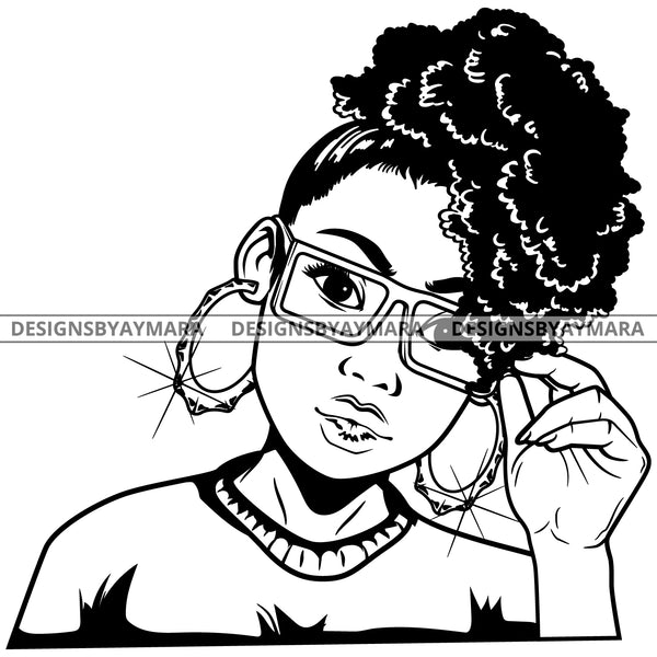 Black Goddess Lola Glamour Glasses Bamboo Hoop Earrings Sexy Attractive Portrait Fashion Woman Up Do Hair Style B/W SVG Cutting Files For Silhouette  Cricut