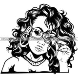 Black Goddess Lola Glamour Glasses Bamboo Hoop Earrings Sexy Attractive Portrait Fashion Woman Curly Hair Style B/W SVG Cutting Files For Silhouette  Cricut