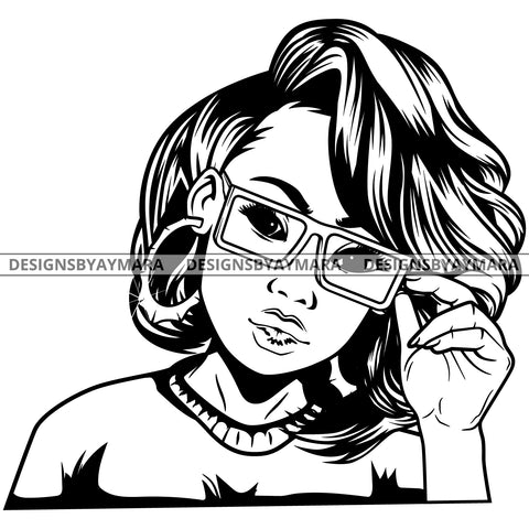 Black Goddess Lola Glamour Glasses Bamboo Hoop Earrings Sexy Attractive Portrait Fashion Woman Wavy Hair Style B/W SVG Cutting Files For Silhouette  Cricut