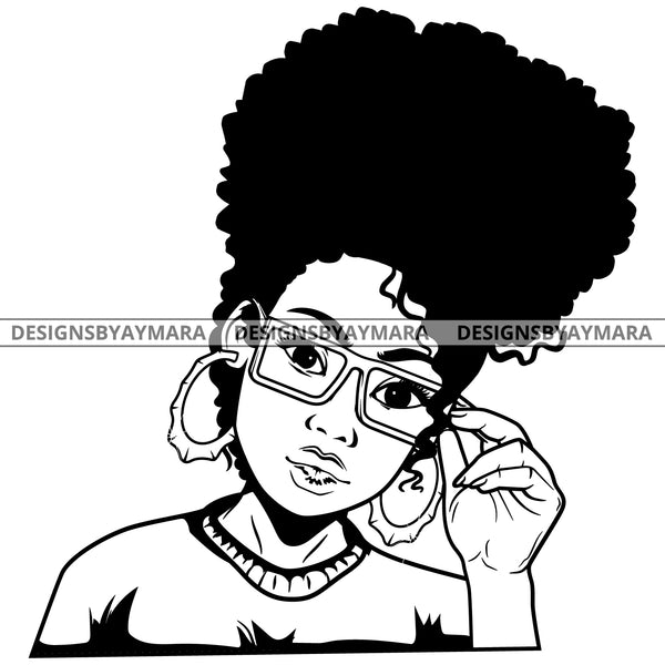 Black Goddess Lola Glamour Glasses Bamboo Hoop Earrings Sexy Attractive Portrait Fashion Woman Up Do Hair Style B/W SVG Cutting Files For Silhouette  Cricut