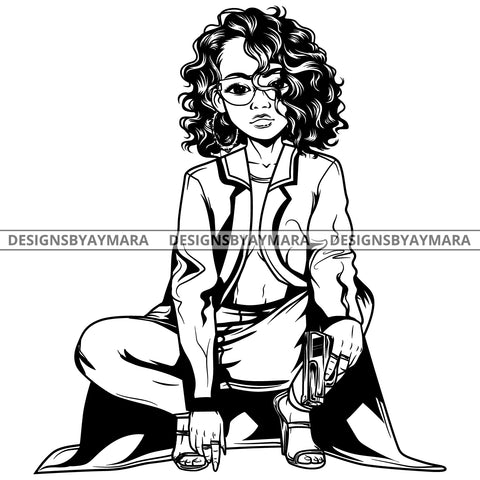 Black Goddess Lola Gangster Boss Lady Gun Firearm Glasses Squatting Nubian Melanin Bamboo Hoop Earrings Sexy Fashion Woman Straight Hair Style B/W SVG Cutting Files For Silhouette  Cricut