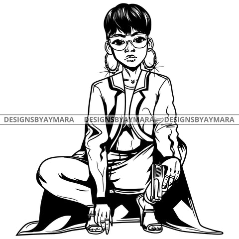 Black Goddess Lola Gangster Boss Lady Gun Firearm Glasses Squatting Nubian Melanin Bamboo Hoop Earrings Sexy Fashion Woman Short Hair Style B/W SVG Cutting Files For Silhouette  Cricut