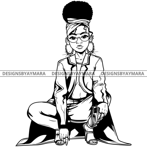 Black Goddess Lola Gangster Boss Lady Gun Firearm Glasses Squatting Nubian Melanin Bamboo Hoop Earrings Sexy Bandana Woman Up Do Hair Style B/W SVG Cutting Files For Silhouette  Cricut