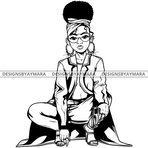 Black Goddess Lola Gangster Boss Lady Gun Firearm Glasses Squatting Nubian Melanin Bamboo Hoop Earrings Sexy Bandana Woman Up Do Hair Style B/W SVG Cutting Files For Silhouette  Cricut