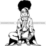Black Goddess Lola Gangster Boss Lady Gun Firearm Glasses Squatting Nubian Melanin Bamboo Hoop Earrings Sexy Bandana Woman Up Do Hair Style B/W SVG Cutting Files For Silhouette  Cricut