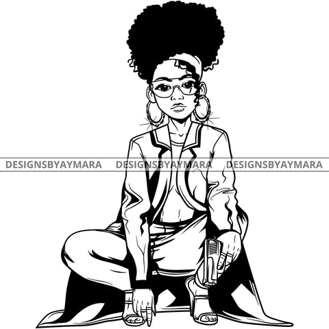 Black Goddess Lola Gangster Boss Lady Gun Firearm Glasses Squatting Nubian Melanin Bamboo Hoop Earrings Sexy Bandana Woman Up Do Hair Style B/W SVG Cutting Files For Silhouette  Cricut