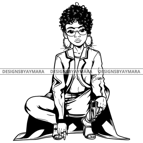 Black Goddess Lola Gangster Boss Lady Gun Firearm Glasses Squatting Nubian Melanin Bamboo Hoop Earrings Sexy Woman Short Hair Style B/W SVG Cutting Files For Silhouette  Cricut