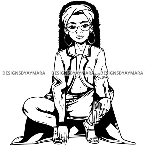 Black Goddess Lola Gangster Boss Lady Gun Firearm Glasses Squatting Nubian Melanin Bamboo Hoop Earrings Sexy Bandana Woman Long Curly Hair Style B/W SVG Cutting Files For Silhouette  Cricut