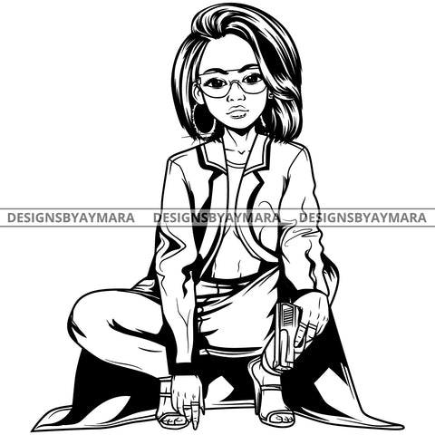 Black Goddess Lola Gangster Boss Lady Gun Firearm Glasses Squatting Nubian Bamboo Hoop Earrings Sexy Fashion Straight Hair Style B/W SVG Cutting Files For Silhouette  Cricut