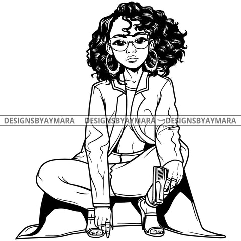 Black Goddess Lola Gangster Boss Lady Gun Firearm Glasses Squatting Nubian Bamboo Hoop Earrings Sexy Fashion Curly Hair Style B/W SVG Cutting Files For Silhouette  Cricut