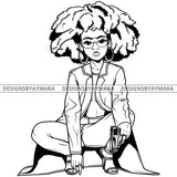 Black Goddess Lola Gangster Boss Lady Gun Firearm Glasses Squatting Nubian Melanin Bamboo Hoop Earrings Sexy Fashion Woman Afro Hair Style B/W SVG Cutting Files For Silhouette  Cricut
