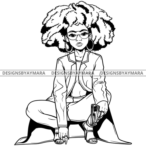 Black Goddess Lola Gangster Boss Lady Gun Firearm Glasses Squatting Nubian Melanin Bamboo Hoop Earrings Sexy Fashion Woman Afro Hair Style B/W SVG Cutting Files For Silhouette  Cricut