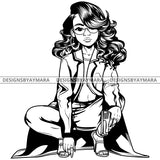 Black Goddess Lola Gangster Boss Lady Gun Firearm Glasses Squatting Nubian Melanin Bamboo Hoop Earrings Sexy Woman Wavy Hair Style B/W SVG Cutting Files For Silhouette  Cricut