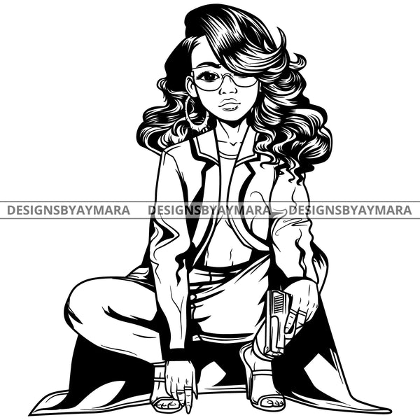 Black Goddess Lola Gangster Boss Lady Gun Firearm Glasses Squatting Nubian Melanin Bamboo Hoop Earrings Sexy Woman Wavy Hair Style B/W SVG Cutting Files For Silhouette  Cricut