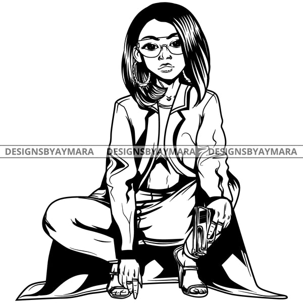 Black Goddess Lola Gangster Boss Lady Gun Firearm Glasses Squatting Nubian Melanin Bamboo Hoop Earrings Sexy Fashion Woman Straight Hair Style B/W SVG Cutting Files For Silhouette  Cricut