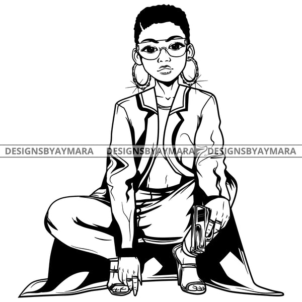 Black Goddess Lola Gangster Boss Lady Gun Firearm Glasses Squatting Nubian Melanin Bamboo Hoop Earrings Sexy Fashion Woman Short Hair Style B/W SVG Cutting Files For Silhouette  Cricut