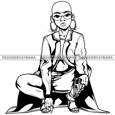 Black Goddess Lola Gangster Boss Lady Gun Firearm Glasses Squatting Nubian Melanin Bamboo Hoop Earrings Sexy Fashion Woman Bald Hair Style B/W SVG Cutting Files For Silhouette  Cricut