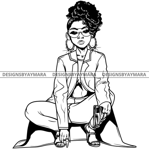 Black Goddess Lola Gangster Boss Lady Gun Firearm Glasses Squatting Nubian Melanin Bamboo Hoop Earrings Sexy Fashion Woman Up Do Hair Style B/W SVG Cutting Files For Silhouette  Cricut