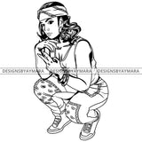 Black Goddess Lola Boss Lady Deuces Squatting Nubian Melanin Bamboo Hoop Earrings Sexy Woman Wavy Hair Style B/W SVG Cutting Files For Silhouette  Cricut