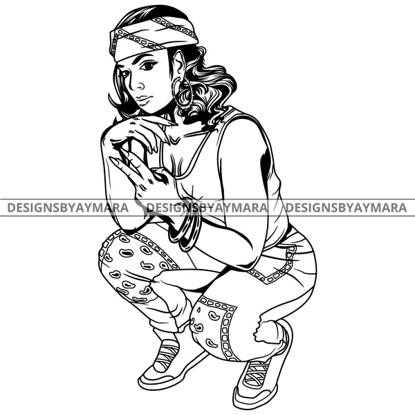 Black Goddess Lola Boss Lady Deuces Squatting Nubian Melanin Bamboo Hoop Earrings Sexy Woman Wavy Hair Style B/W SVG Cutting Files For Silhouette  Cricut